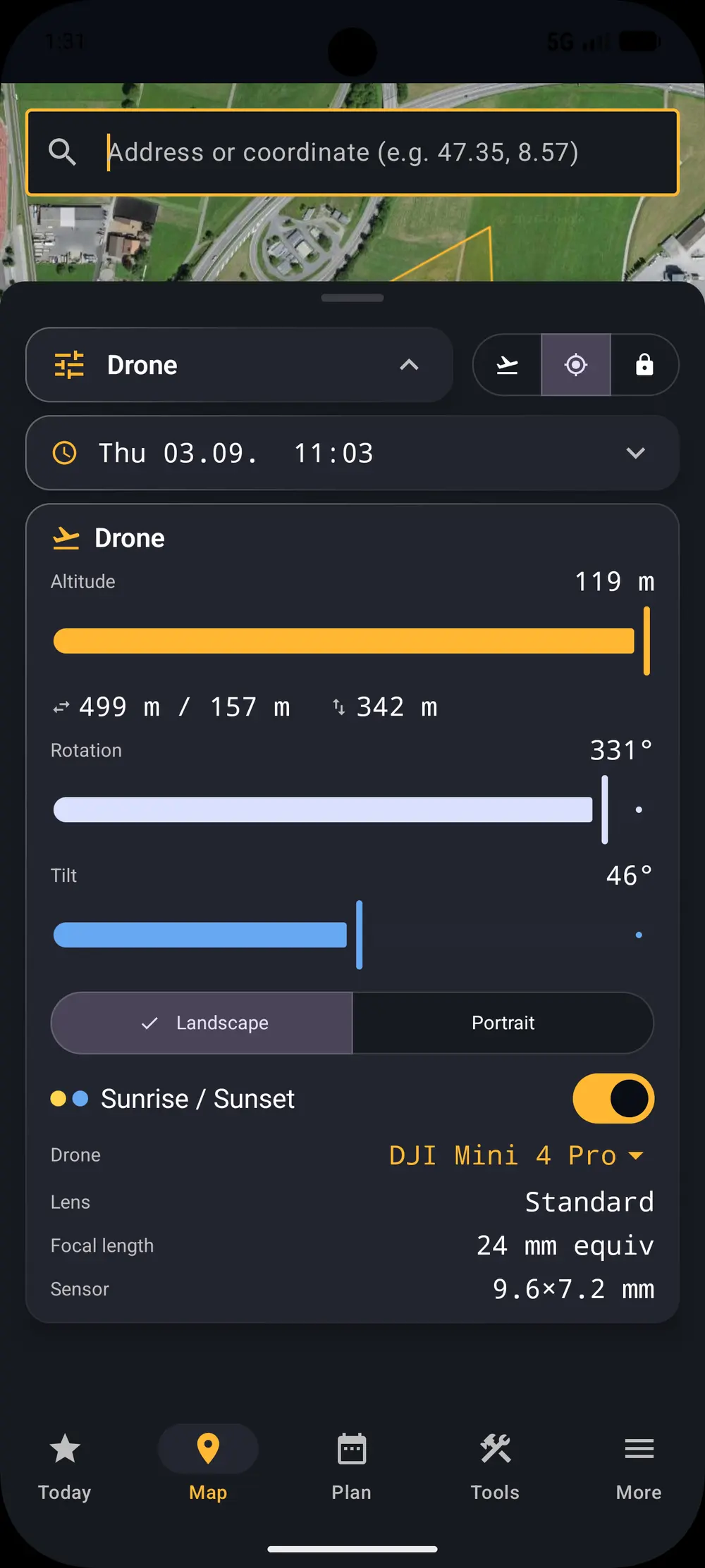 Drone controls for height, orientation, elevation and tilt