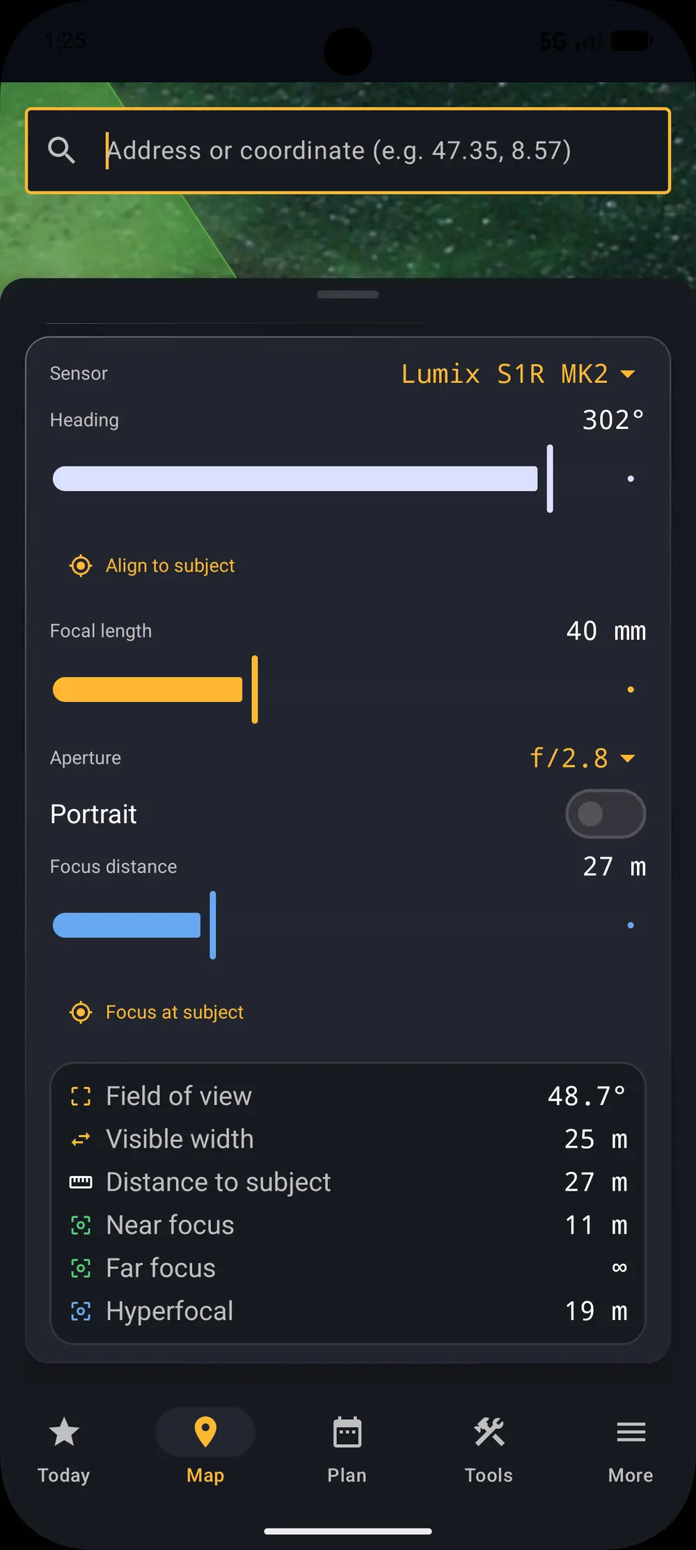 Field of view card with focal length, aperture and focus distances