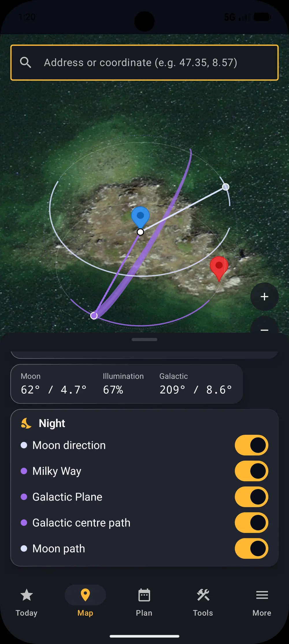 Night mode with the galactic plane projected over the map