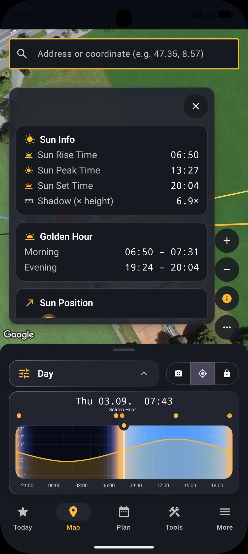 Sun information panel with rise, noon, set and shadow length