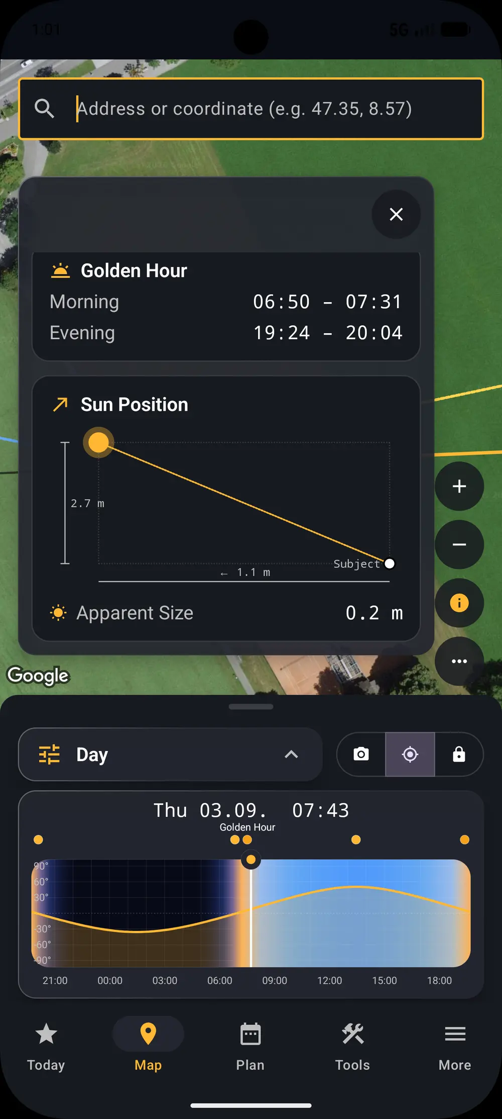 Relative position and apparent size of the sun
