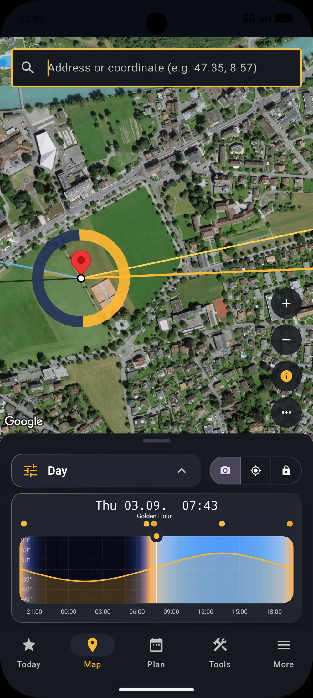 Sun direction overlay on the map with the overlay picker open