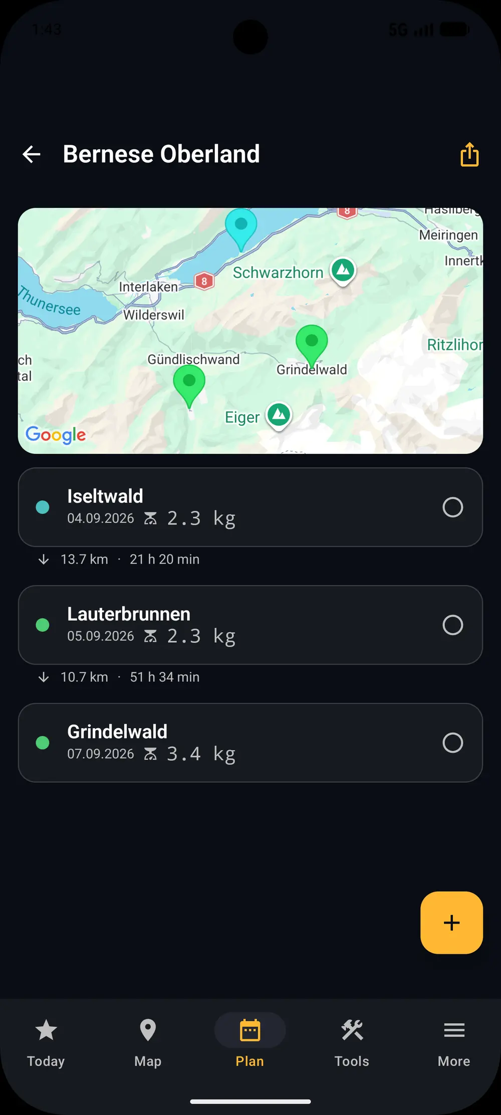 Project detail with gear weight, distance and travel time between spots