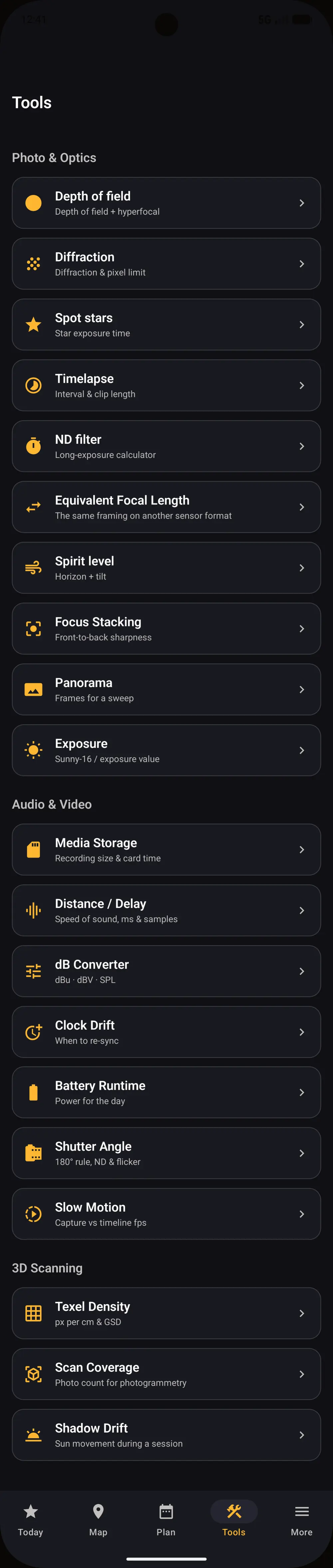The calculator toolbox across photo, video, audio and drone domains