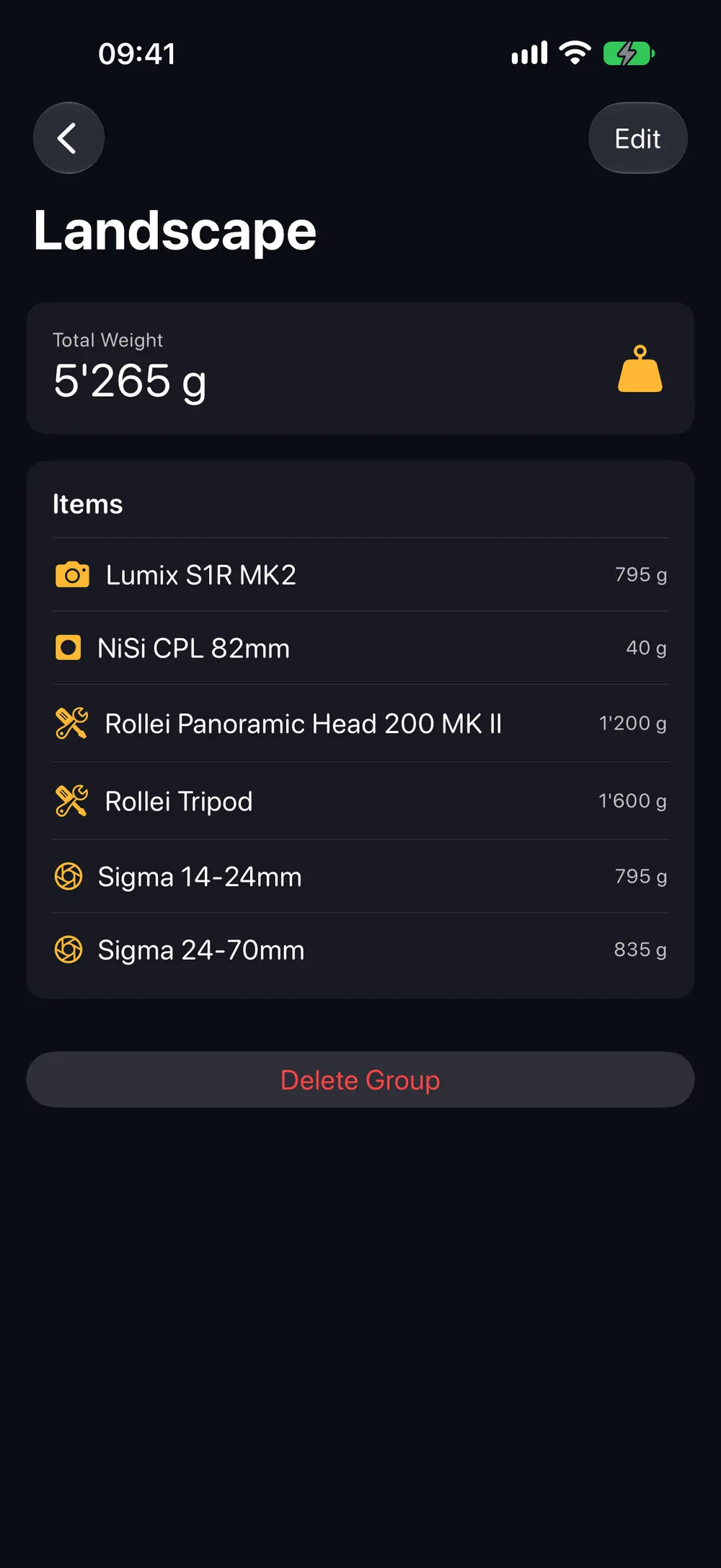 A pack list with its total weight