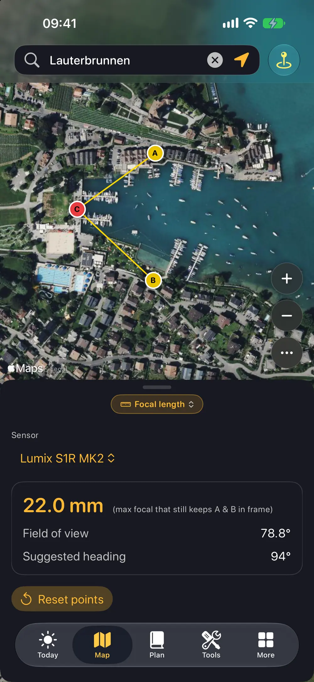 Focal length needed to cover two chosen points