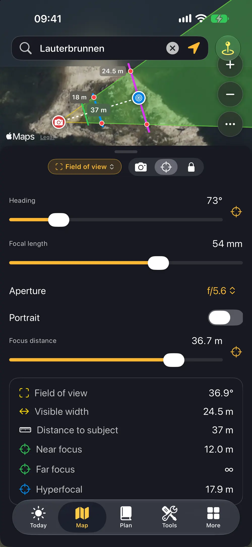 Field of view card with focal length, aperture and focus distances