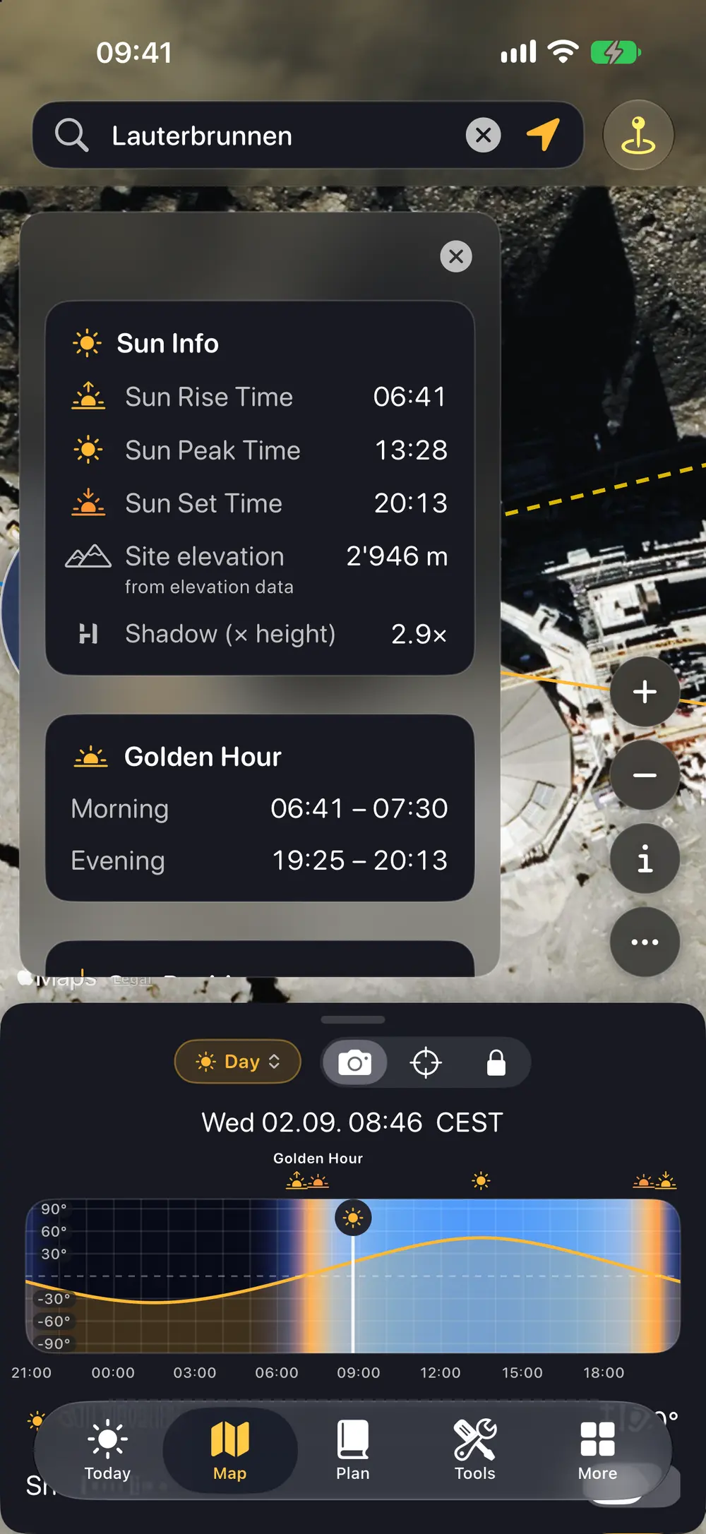 Sun information panel with rise, noon, set and shadow length