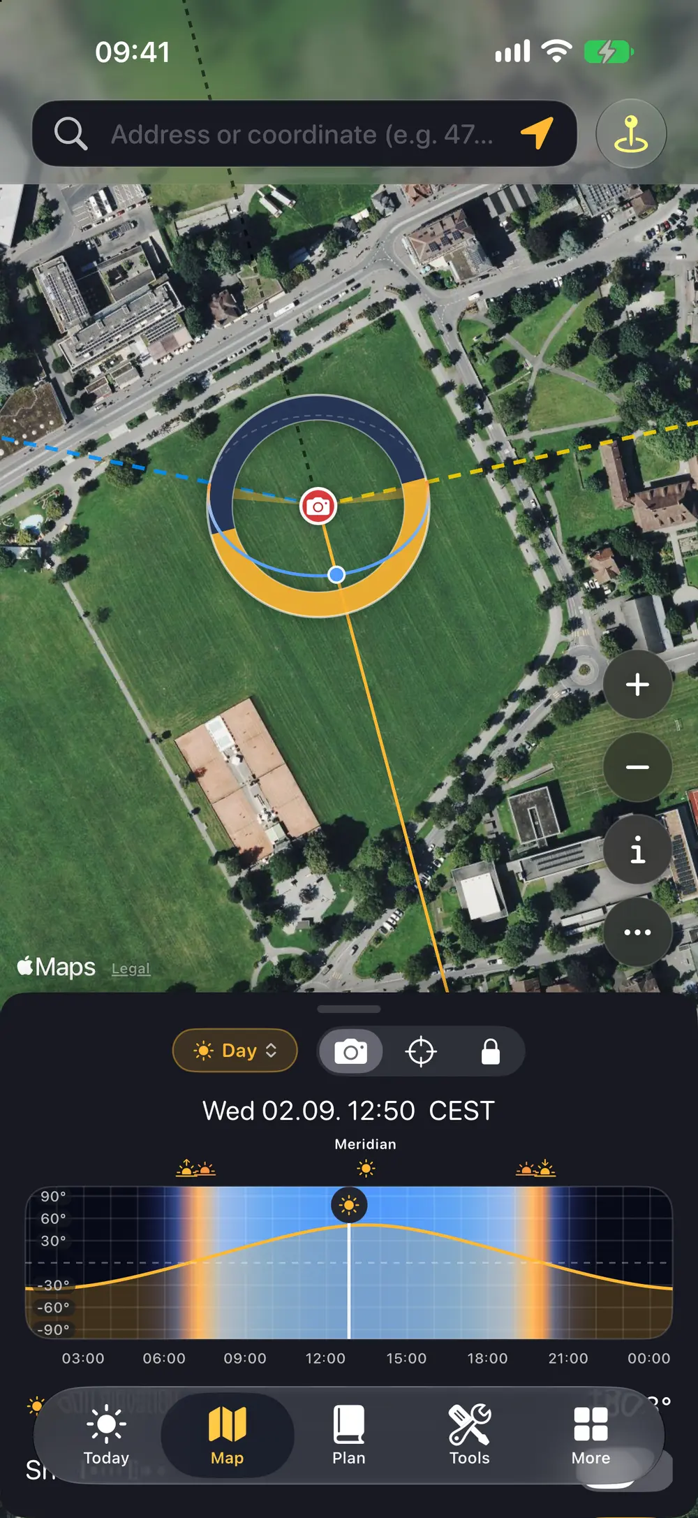 Sun direction overlay on the map with the overlay picker open