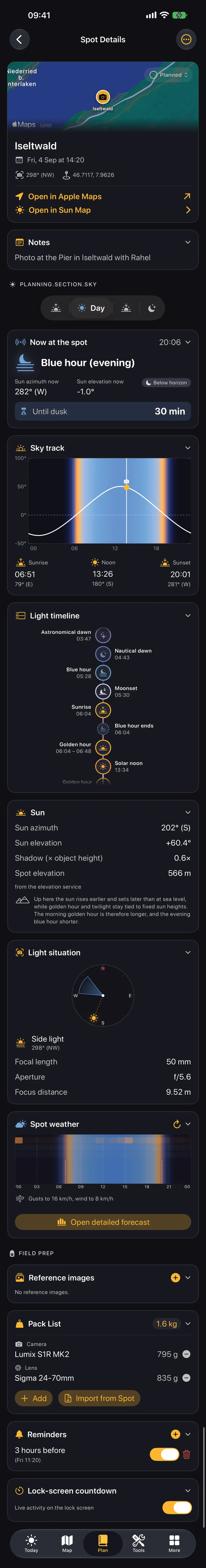 Spot detail from notes and sky track through weather, pack list and reminders
