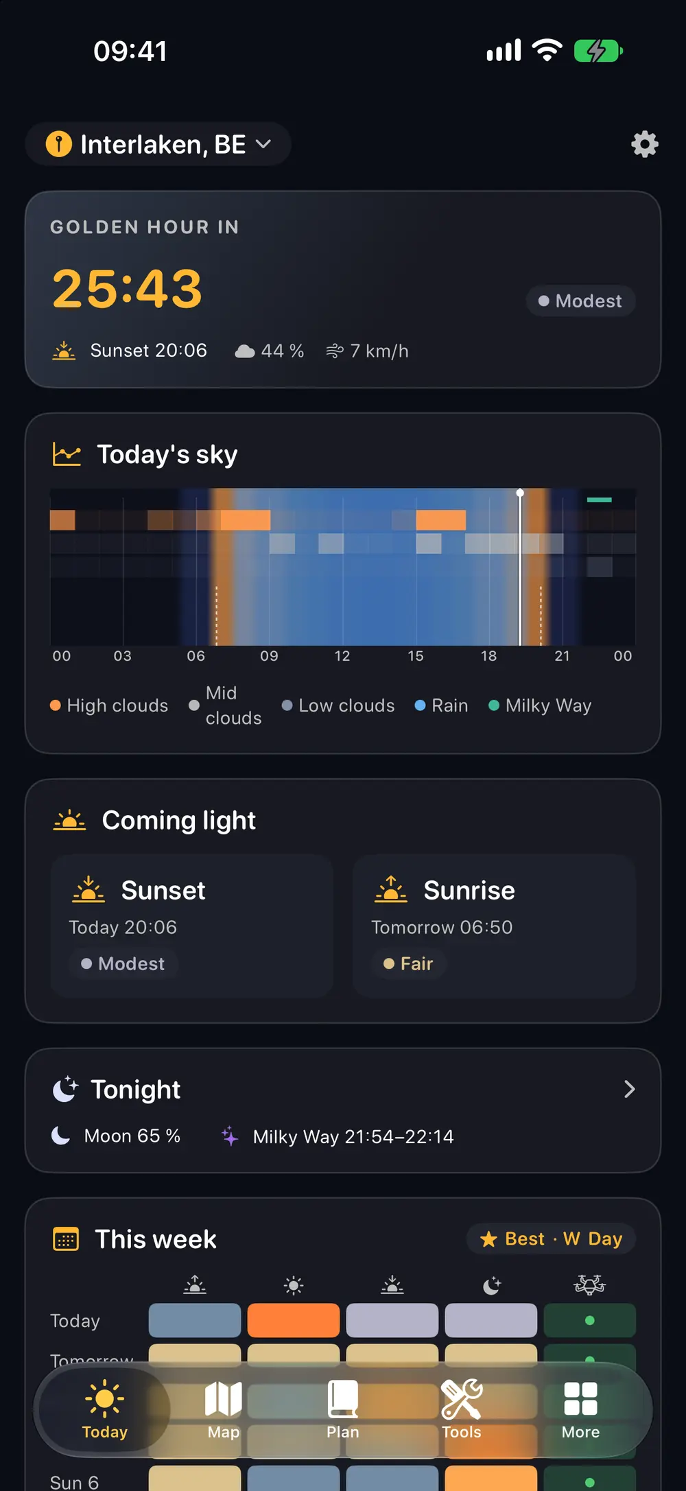 Today & Golden-Hour Widget — Tonight's sky, at a glance — on the home screen.