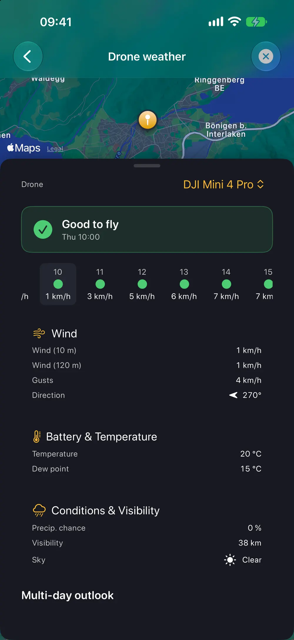 Drone weather with flyability verdict, wind, gusts and visibility